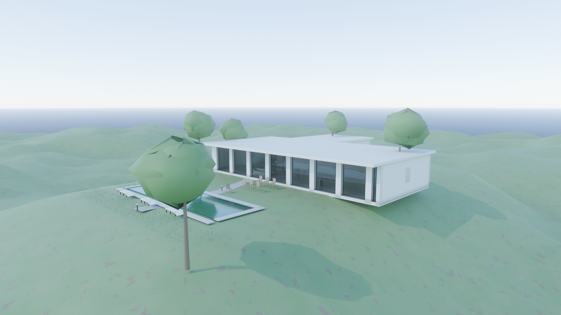 Real render: a minimalist single-story villa on a grass hill with a terrace pool.