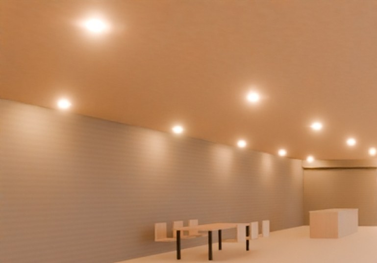 Cropped detail: recessed ceiling downlights and the dining table in the living-wing interior.