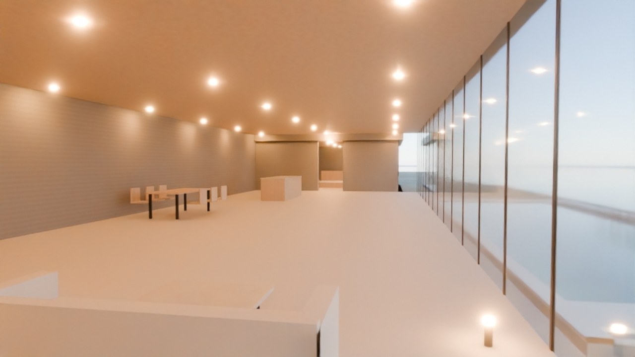 Real render: the living-wing interior, CAM_INTERIOR angle.