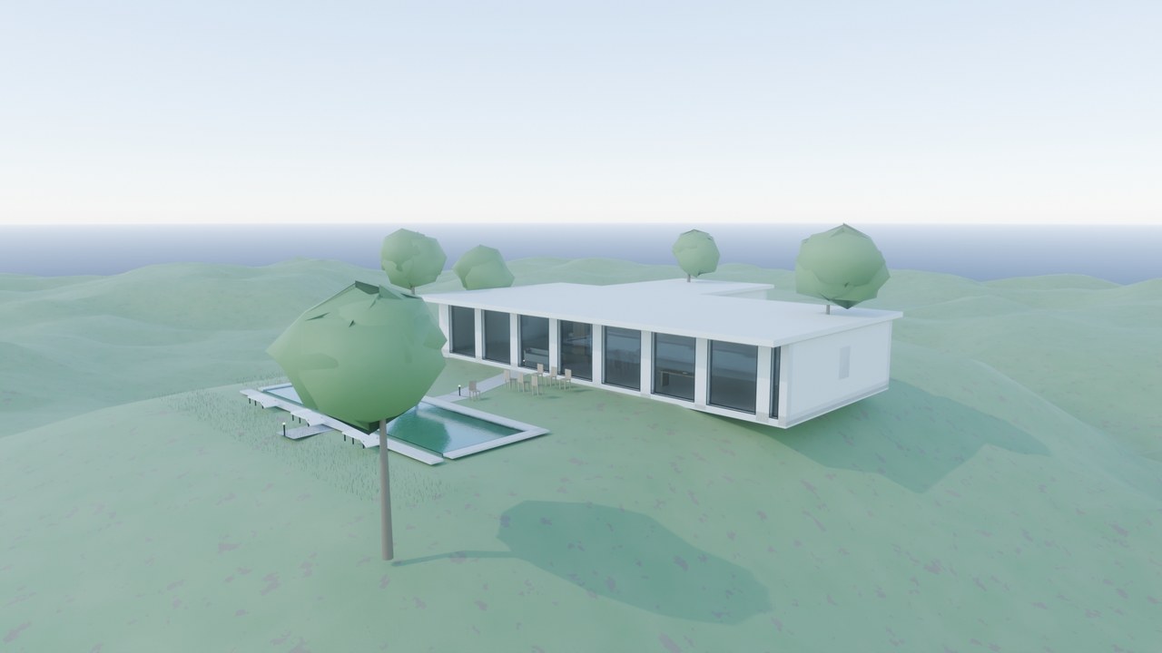 Real render: a minimalist single-story villa on a grass hill with a terrace pool.