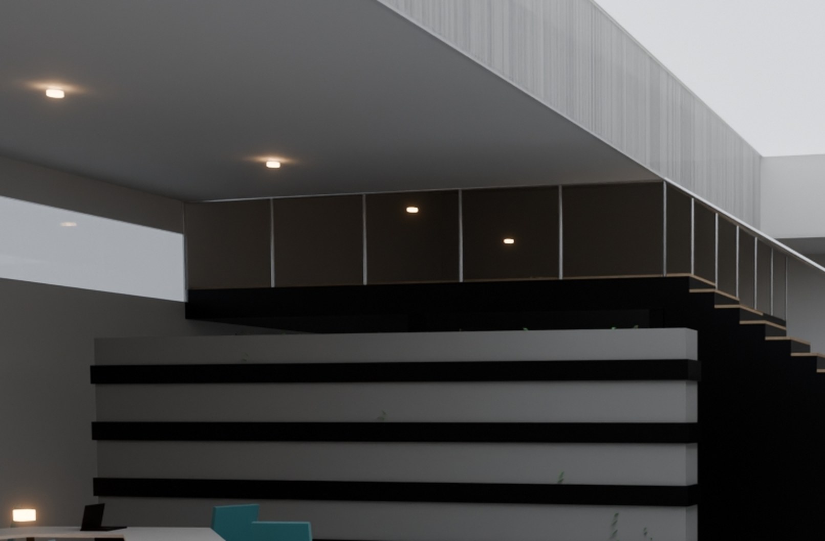 Cropped detail: the mezzanine stair and the banded planted room-divider.