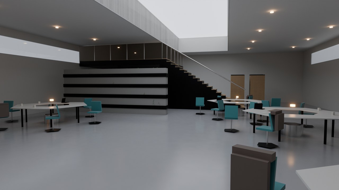 Real render: a pod-clustered startup office with a mezzanine level and skylight.