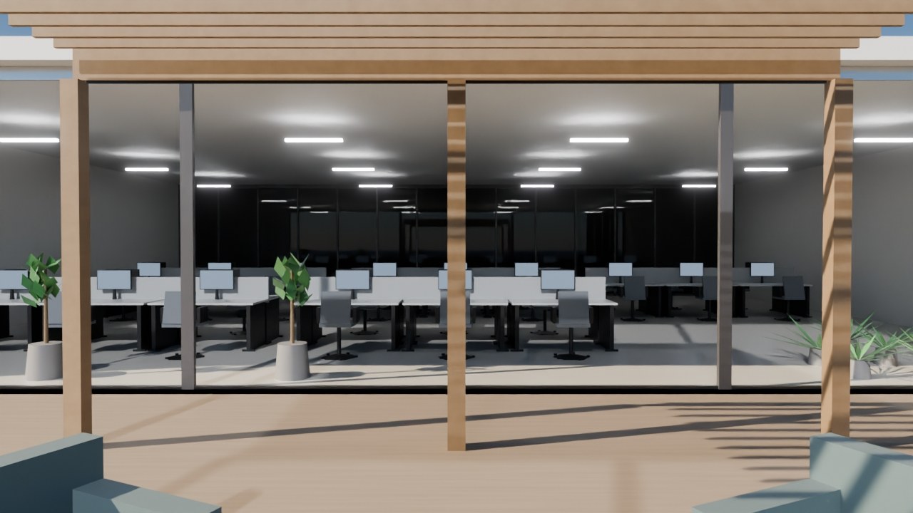 Real render: looking back at the building from the terrace, folding glass threshold open, desk floor visible beyond.