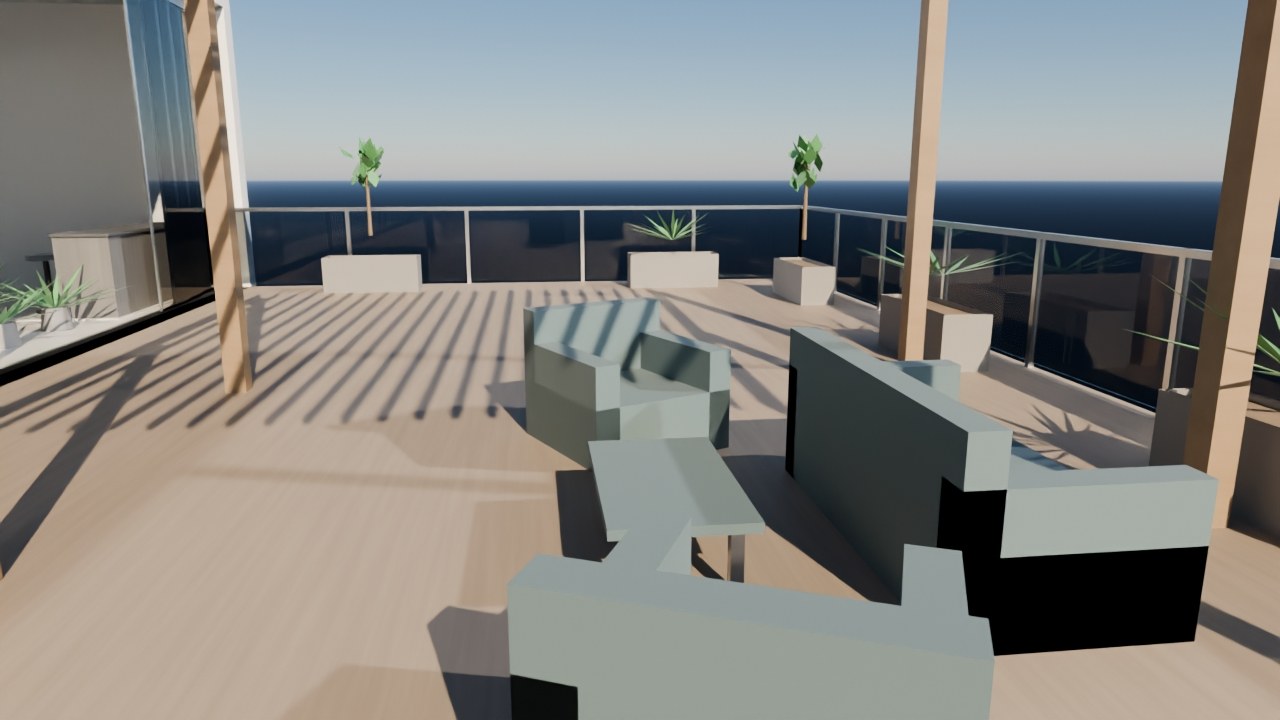 Real render: the outdoor lounge cluster under the pergola, guardrail and sea view beyond.