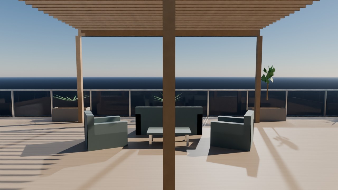 Real render: the reveal camera's start position at the open indoor/outdoor threshold.